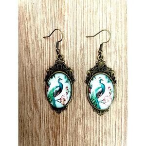 Victorian Style Peacock Print Earrings, NWT